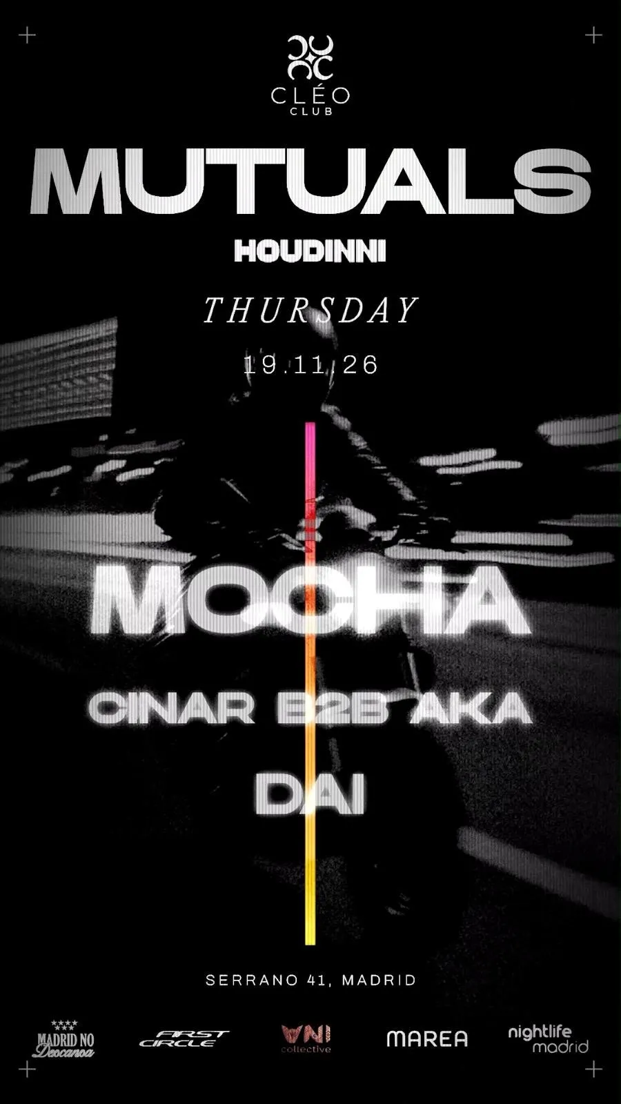 Flyer for HOUDINNI THURSDAYS - MUTUALS X CLÉO at Houdinni (Madrid), Thursday 19 November 2026