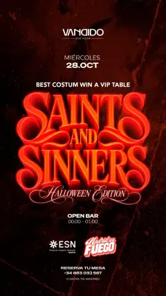 Flyer for SAINTS & SINNERS by Madrid Es Fuego - Halloween edition at Vandido (Madrid), Wednesday 28 October 2026