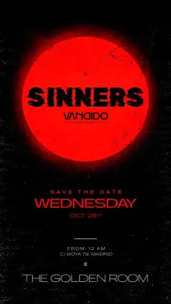 Flyer for Sinners Golden Room at Vandido (Madrid), Wednesday 28 October 2026