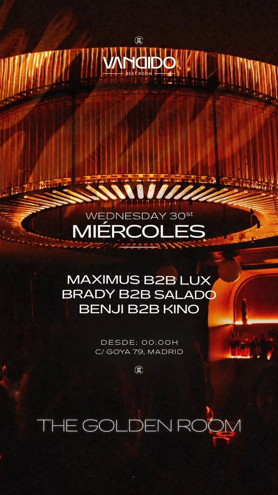Flyer for Miércoles Golden Room at Vandido (Madrid), Wednesday 30 September 2026