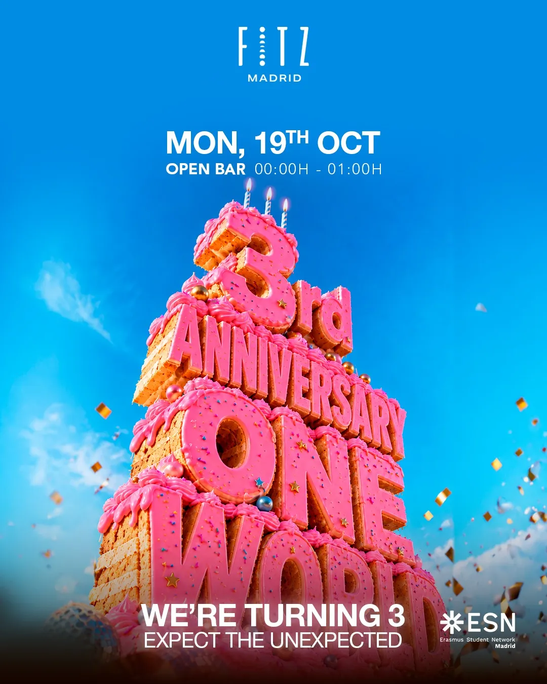 Flyer for ONE WORLD 3 Anniversary by ESN at Fitz Madrid (Madrid), Monday 19 October 2026