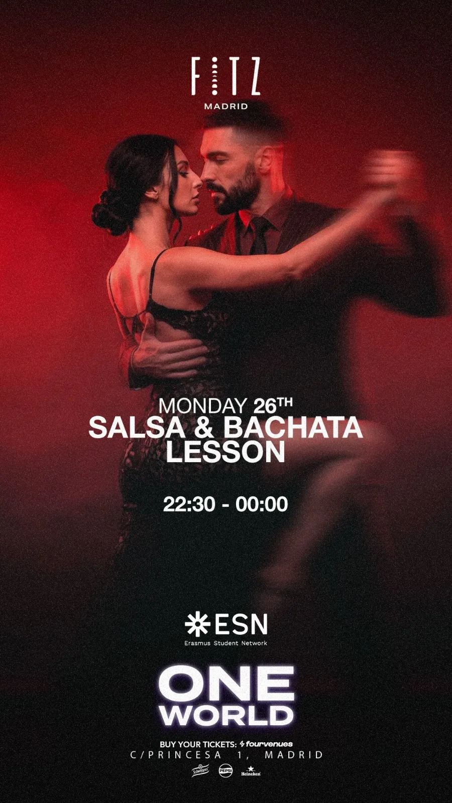 Flyer for ONE WORLD - Salsa & Bachata Lessons by ESN at Fitz Madrid (Madrid), Monday 26 October 2026