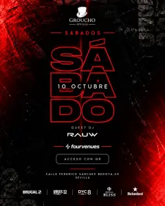 Flyer for SATURDAY 10 OCT · GROUCHO SEVILLA | GUEST DJ RAUW at Groucho (Seville), Saturday 10 October 2026