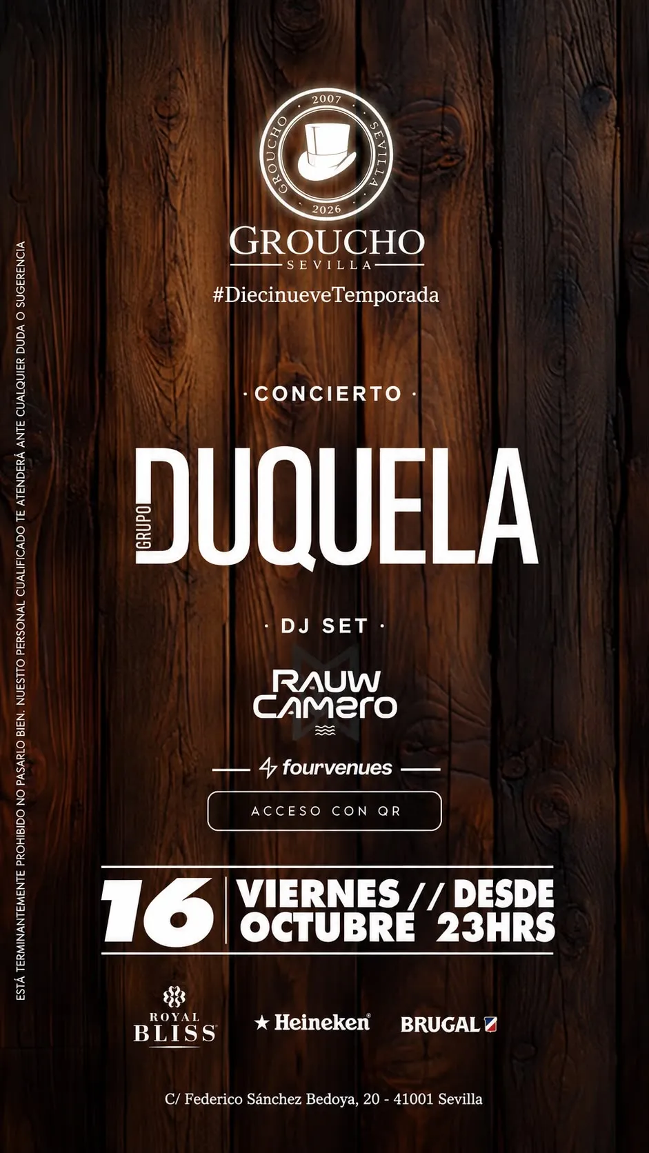 Flyer de VIERNES 16 OCTUBRE | DUQUELA EN DIRECTO 🎶 | GROUCHO 🎩 en Groucho (Sevilla), viernes 16 de octubre de 2026