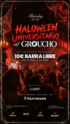 Flyer for HALLOWEEN UNIVERSITARIO 🎃 | ESPECIAL UNIÓN DE RESIDENCIAS 📚🎩 at Groucho (Seville), Thursday 29 October 2026