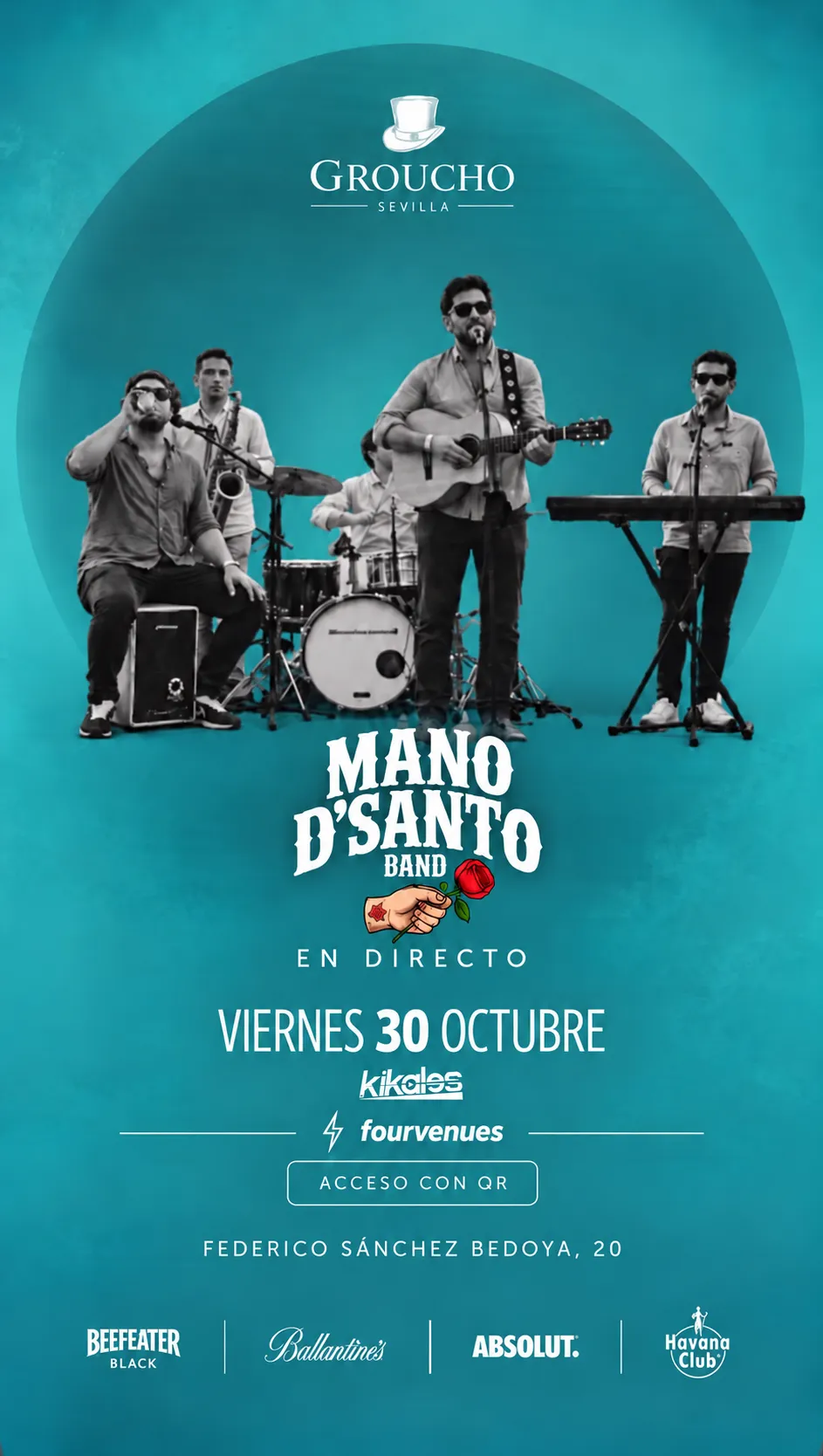 Flyer de 🎩 VIERNES 30 OCTUBRE | MANO D’SANTO BAND EN DIRECTO 🎸� en Groucho (Sevilla), viernes 30 de octubre de 2026