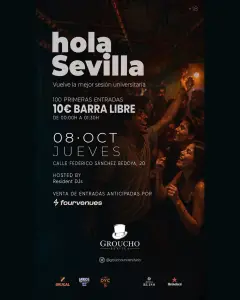 Flyer for HOLA SEVILLA · JUEVES UNIVERSITARIO 🎩 at Groucho (Seville), Thursday 8 October 2026