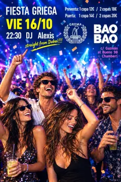 Flyer de FIESTA GRIEGA (GREMA) en Bao Bao (Madrid), viernes 16 de octubre de 2026