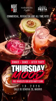 Flyer de “THURSDAY MOOD” AT HABANERA + AFTER PARTY RUBICON en We Speak Fiesta! (Madrid), jueves 1 de octubre de 2026