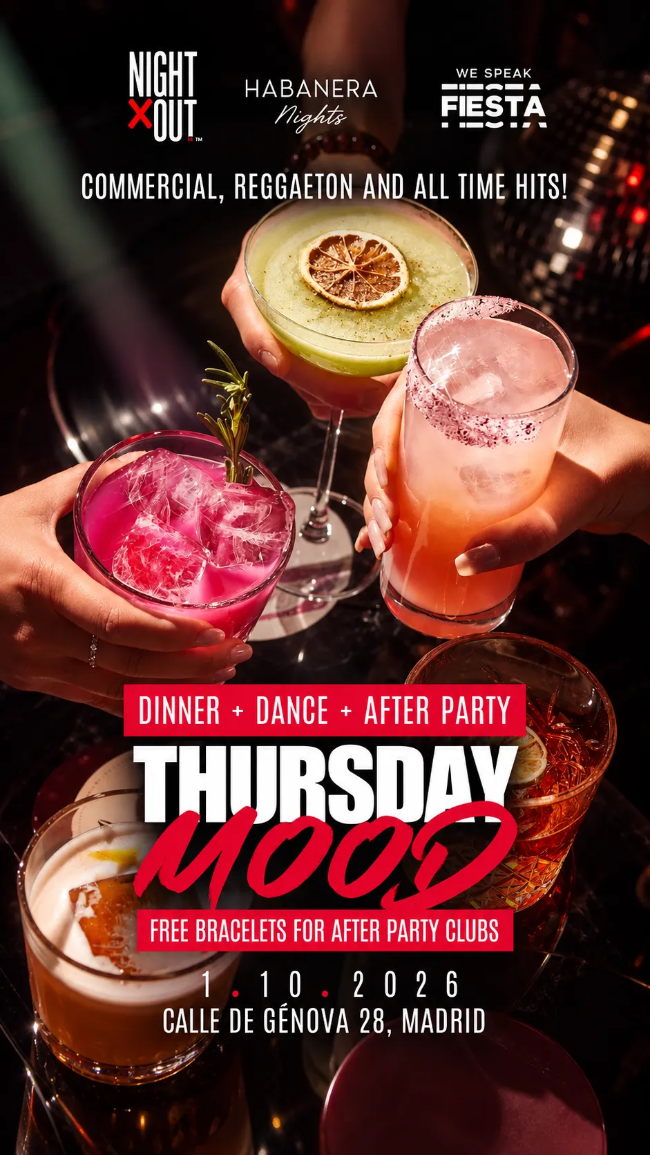 Flyer de “THURSDAY MOOD” AT HABANERA + AFTER PARTY RUBICON en We Speak Fiesta! (Madrid), jueves 5 de noviembre de 2026