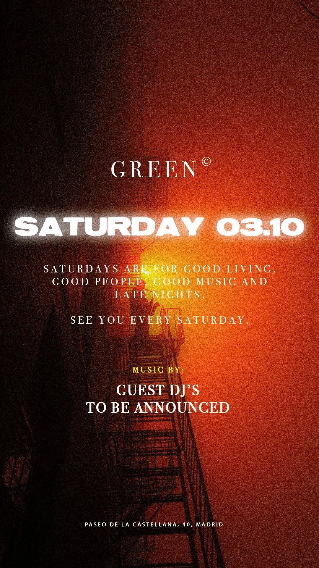 Flyer for GREEN at GREEN CiU (Madrid), Saturday 3 October 2026