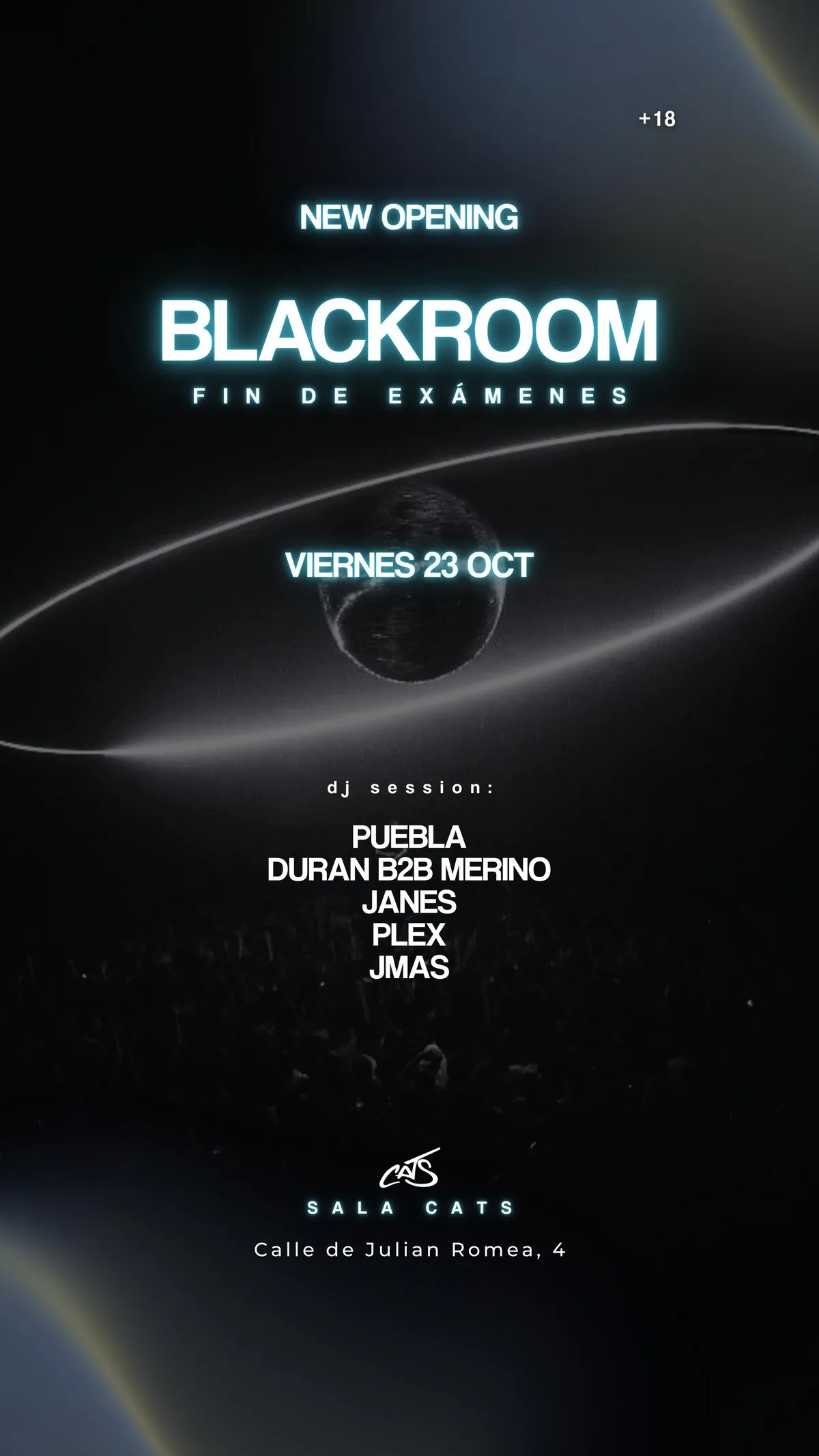Flyer for BLACKROOM - FIN DE INTERS at Cats (Madrid), Friday 23 October 2026
